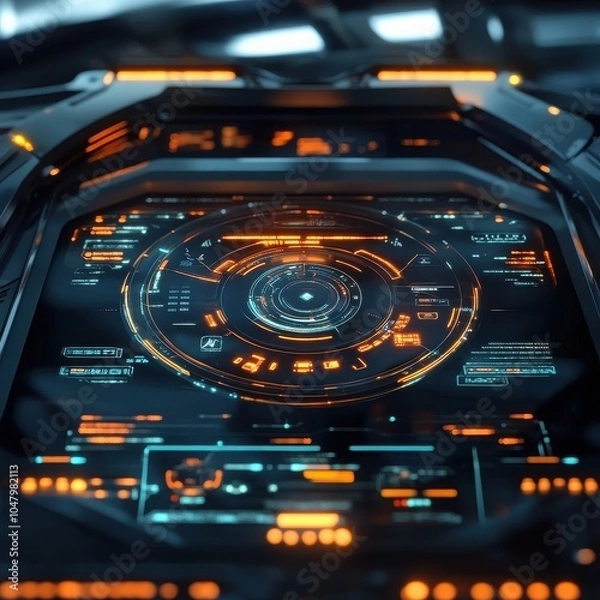 Fototapeta Futuristic Tech Interface: Close-up of a sleek, high-tech control panel with glowing orange and teal holographic displays, perfect for sci-fi, gaming, or technology concepts.  