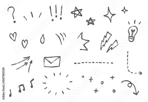 Obraz Cute doodle icons, illustration stickers: question marks, arrows, stars, sparkles, light bulb, heart, music notes, surprised, rough pencil crayon style on a transparent background