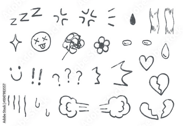 Obraz Cute doodle icons of emotion expression, effect symbols rough pencil crayon style, cartoon, angry, tears, broken heart, marks, smile, happy, surprised, sketching illustration elements on a transparent