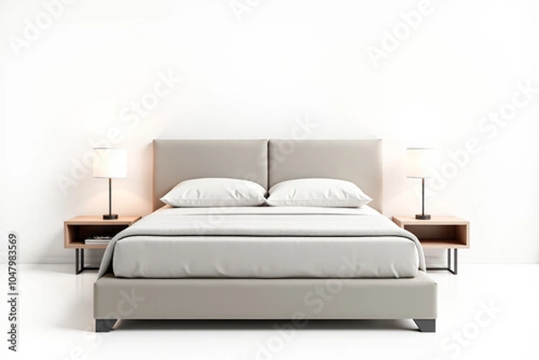 Fototapeta double bed with bedside tables on a white background front view