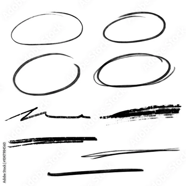 Obraz A Set of circles and line art: Hand-drawn illustration of a street graffiti brush stroke paint, rough underline, marks, sketching elements on a transparent background