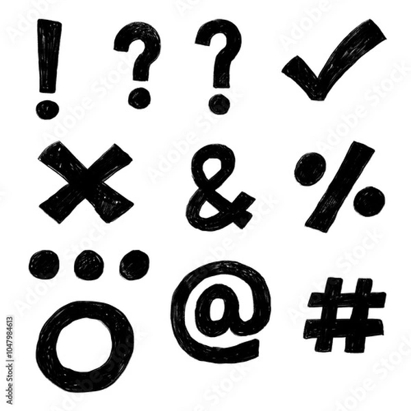 Obraz Set of hand-drawn Symbol expressions, brush stroke doodle style, exclamation and question mask, at icon, hashtag, silence dots, correct and wrong marks, Transparent background.