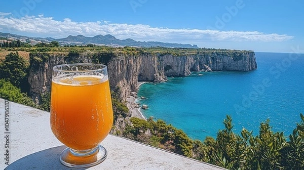 Fototapeta Refreshing orange juice with a breathtaking coastal view of cliffs and turquoise sea under a clear blue sky amidst lush greenery, perfect summer vacation scenery