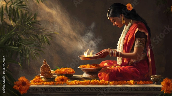 Fototapeta Tulsi Vivah, illustration of Tulsi plant decorated with red cloth and marigold flowers in the middle of a simple altar, a woman wearing a traditional Indian sari is performing the ritual, Ai generated