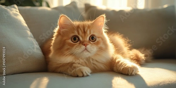 Fototapeta a cat laying on a couch with a pillow