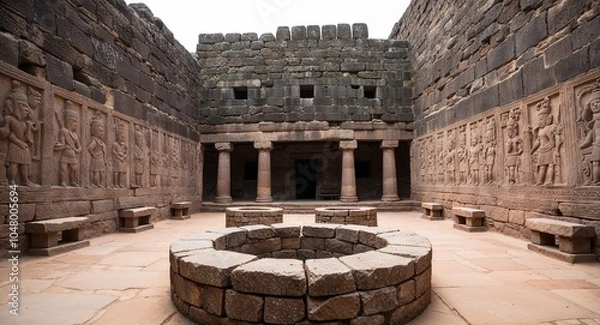 Fototapeta Ancient gathering hall with carvings on stone walls