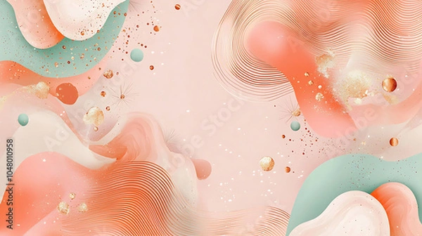 Fototapeta vibrant abstract design featuring flowing shapes in coral, mint, and cream tones, enhanced with gold accents and delicate textures, creating dynamic and modern aesthetic