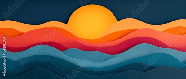 Fototapeta A vibrant, layered paper cut design of waves and a sun, showcasing warm and cool colors, ideal for modern digital art or graphic projects.