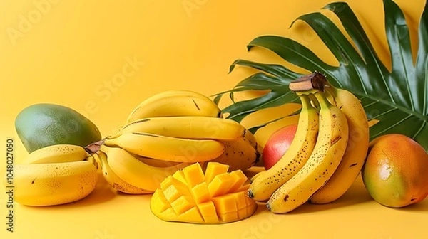 Fototapeta Yellow backdrop with fresh bananas and adds mango