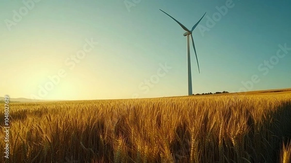 Fototapeta wind turbine towering over a golden wheat field, symbolizing sustainable energy amidst nature beauty, with a clear sky backdrop.