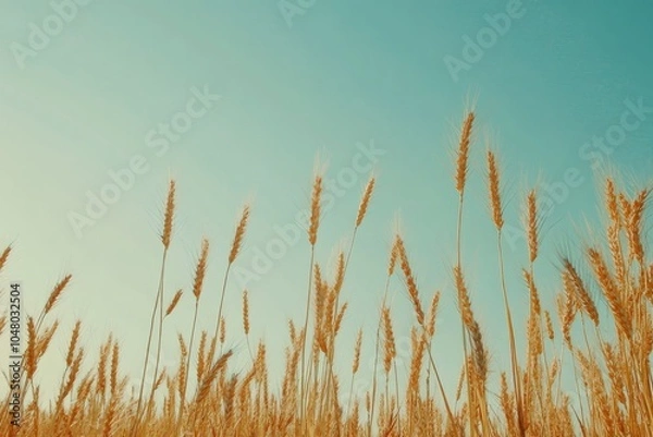 Fototapeta Tranquil and Serene Brown Wheat Field Basking Underneath a Clear and Azure Blue Sky