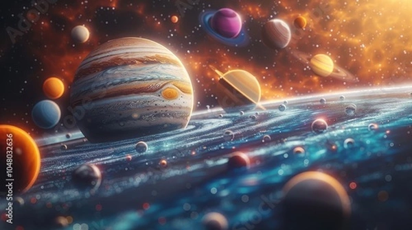 Fototapeta Generative AI A colorful painting of the solar system with a large Jupiter in the center.