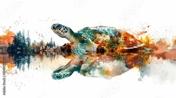 Fototapeta Generative AI A turtle is swimming in a lake with trees in the background.