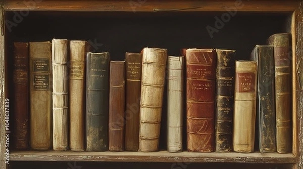 Fototapeta Old books neatly arranged on a wooden shelf, showcasing various bindings and colors.