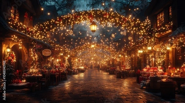 Fototapeta A street is lit up with Christmas lights and decorations. Generative AI