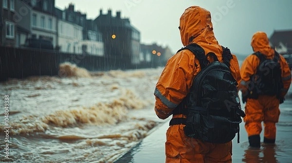 Fototapeta Emergency response personnel preparing flood barriers in a coastal town high detail ultra HD clean color grading