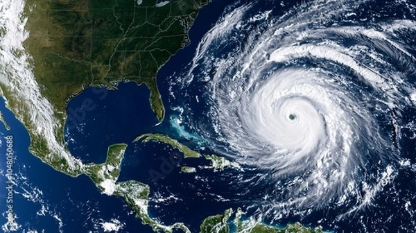 Fototapeta Satellite view of Earth showing a large hurricane system over the Atlantic Ocean high detail ultra HD clean sharp focus