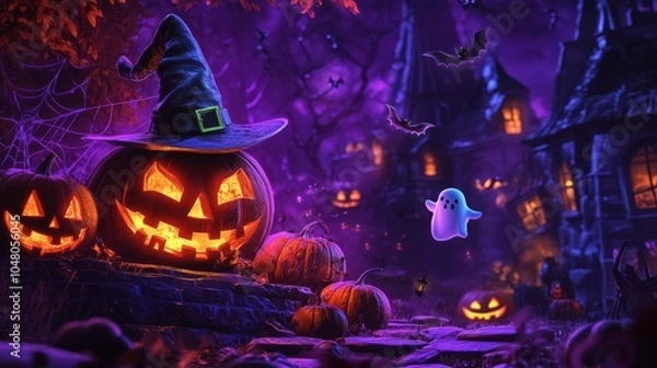 Fototapeta A carved pumpkin with a joyful grin sits at the center, surrounded by cute ghost decorations and a vibrant Halloween backdrop filled with festive colors and symbols.