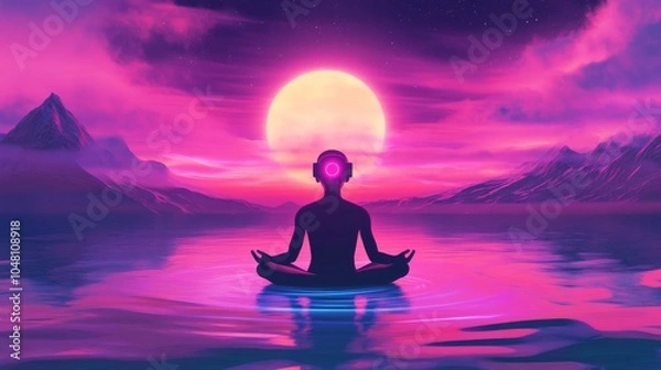 Obraz wellness technology, virtual reality meditation landscapes and stress-relief devices, tranquil aesthetics, Illustrations, stock photos