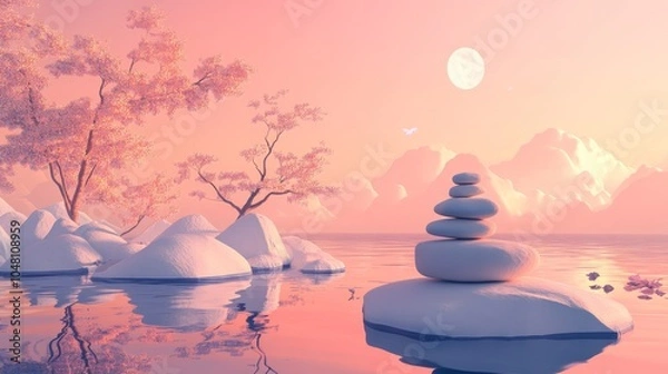 Obraz wellness technology, virtual reality meditation landscapes and stress-relief devices, tranquil aesthetics, Illustrations, stock photos