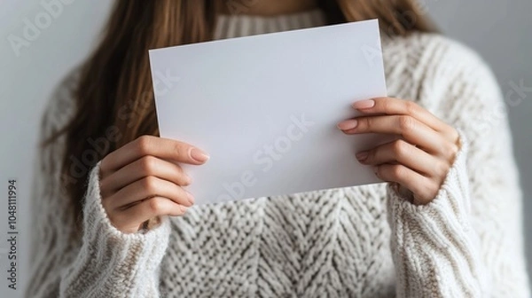 Fototapeta Close up hand women holding paper blank a4 size for letter paper on a grey background.