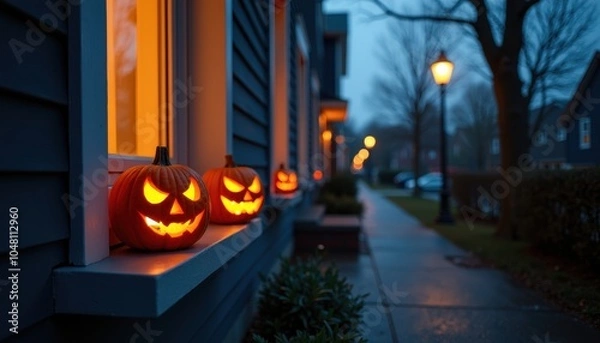 Fototapeta Halloween night atmosphere with carved pumpkins glowing softly on a windowsill casting spooky shadows on a dark street.