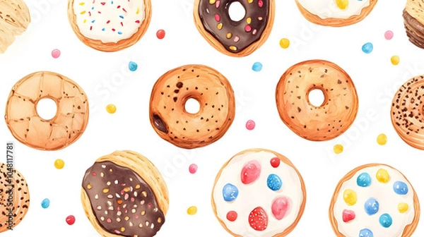 Fototapeta A delightful seamless pattern featuring croissants and donuts, showcasing various baked treats in a colorful and appetizing design