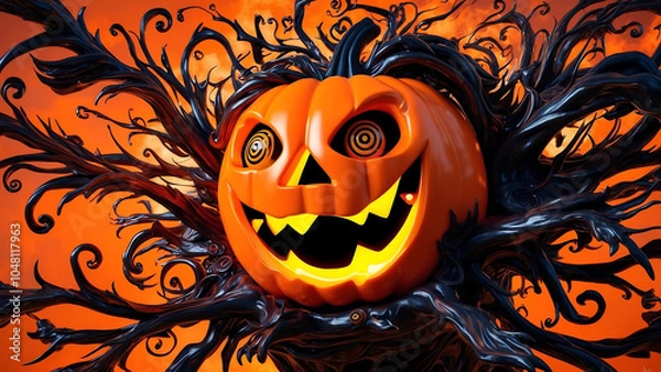 Fototapeta A surreal pumpkin creature with glowing eyes, twisted smile, and intricate black patterns, set against an eerie Halloween backdrop. Full of energy and dark, whimsical details.