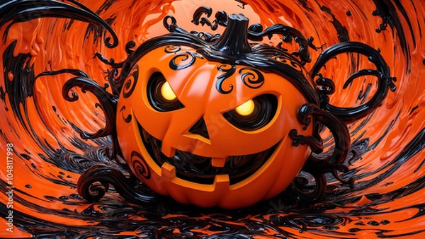 Fototapeta A surreal pumpkin creature with glowing eyes, twisted smile, and intricate black patterns, set against an eerie Halloween backdrop. Full of energy and dark, whimsical details.