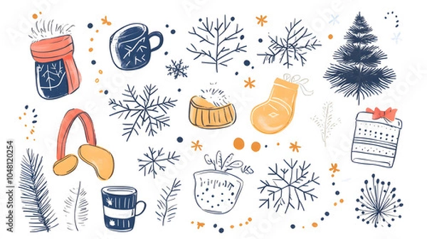 Fototapeta Seamless pattern featuring birds and flowers with festive Christmas elements like trees, snowflakes, and gifts for a cheerful holiday design