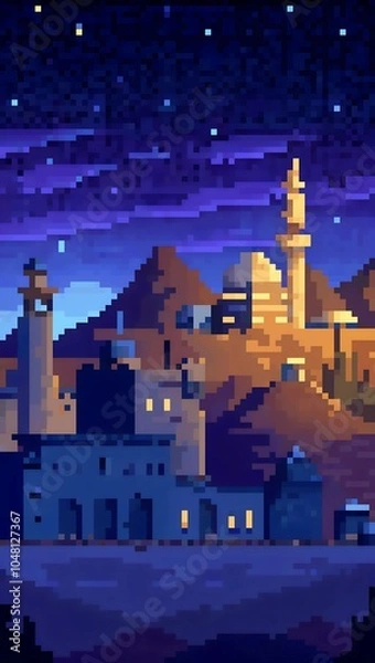 Fototapeta Middle Eastern cityscape with minarets and mountains at night pixel art background. 8-bit game assets