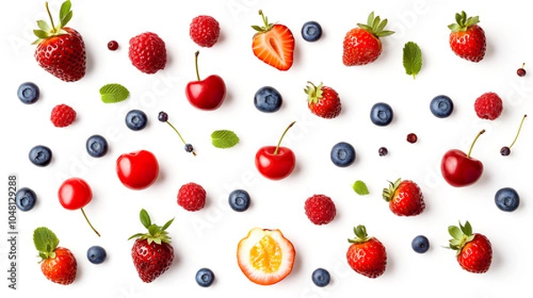 Fototapeta Flatlay Mixed assorted fresh berries colorful pattern over white background. blueberry, strawberry, raspberry, strawberry, blackberry