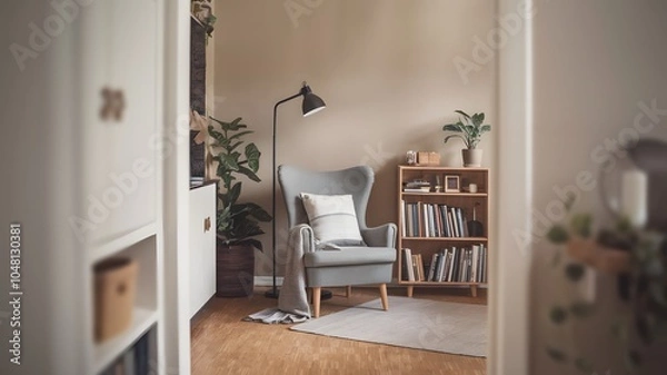 Fototapeta a cozy minimalist reading nook with a comfortable chair, a small bookshelf filled with books, and a floor lamp.