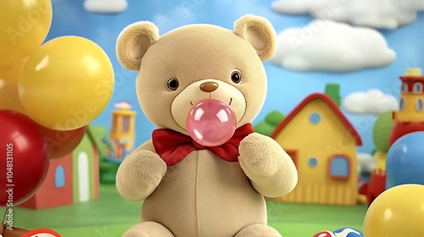 Fototapeta Baby bear blowing bubble gum, surreal playful smirk, 3D cartoon style with floating elements in a colorful city backdrop 
