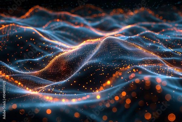 Fototapeta Dynamic Digital Artwork of Vibrant Waves and Sparkling Particles Illuminated in Blue and Orange