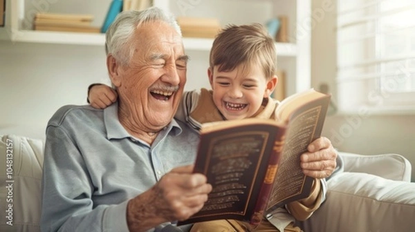 Fototapeta A grandfather and grandson are laughing while reading a book together. AI.