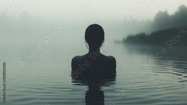 Fototapeta Silhouette of woman in water with fog and misty forest background