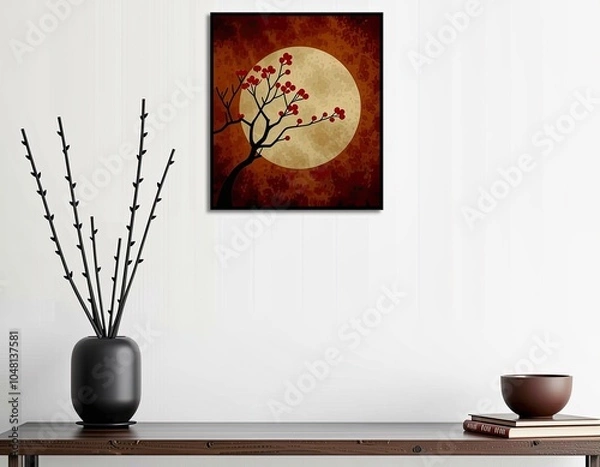 Obraz A painting of a tree with red flowers and a moon in the background