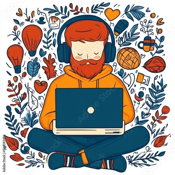 Fototapeta A person with headphones working on a laptop surrounded by creative elements.
