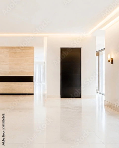 Fototapeta Modern interior design of a spacious room with minimalist decor and large windows in daylight