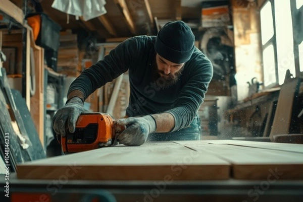 Fototapeta Manual worker cutting plank with electric saw while working on home renovation