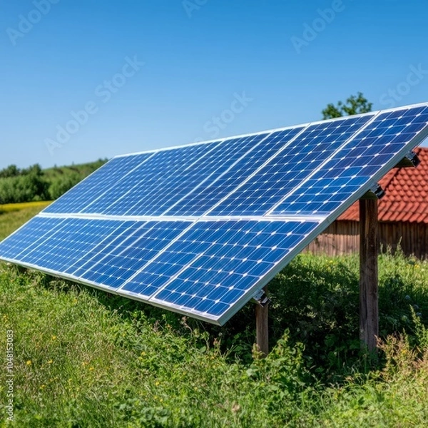 Obraz Solar panels installed in a green field under a clear blue sky.