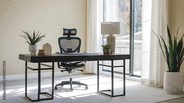 Fototapeta a minimalist home office with a black desk, an ergonomic chair, and a large window that lets in natural light.
