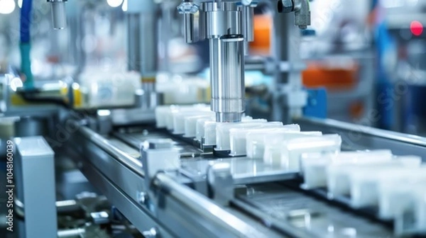 Fototapeta Automated Assembly Line with Robotic Arm and Products on Conveyor Belt