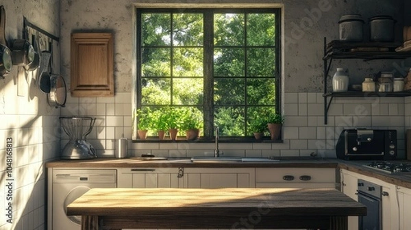 Obraz Inviting kitchen with white tile walls and a rustic wooden table, green trees visible through the open window creating a fresh vibe.