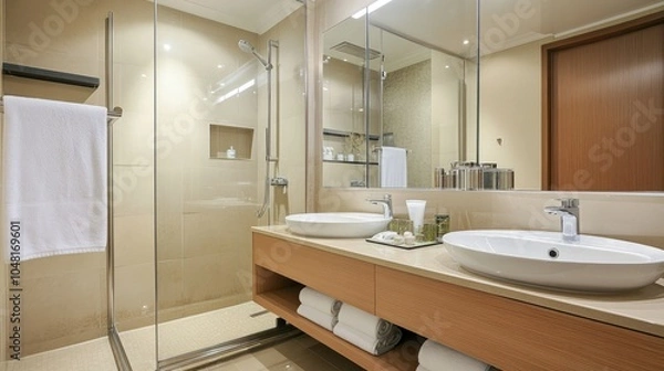 Fototapeta Modern bathroom with complete equipment, including a large mirror, glass shower, and sleek sink, all in a contemporary, minimalist setting.