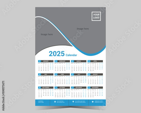 Fototapeta Wall calendar 2025 template, modern 12 month one page calendar design, corporate business calendar.