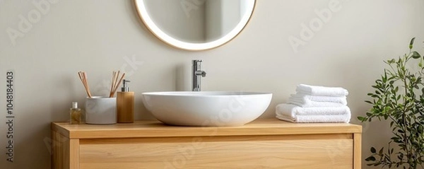 Fototapeta Modern bathroom sink setup with a stylish round mirror, wooden cabinet, neatly arranged towels, and a touch of greenery for a refreshing look.