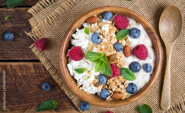 Fototapeta Cottage cheese for breakfast with granola, yogurt and fresh berries. Healthy breakfast. Top view