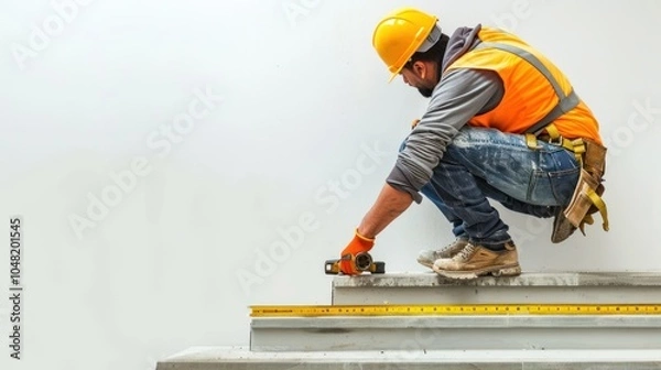 Obraz Construction Worker Measuring Concrete Steps with Tape Measure